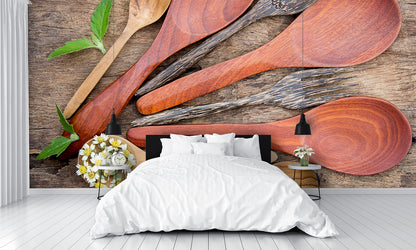 Wood Textured Cooking Utensils Mural Wallpaper