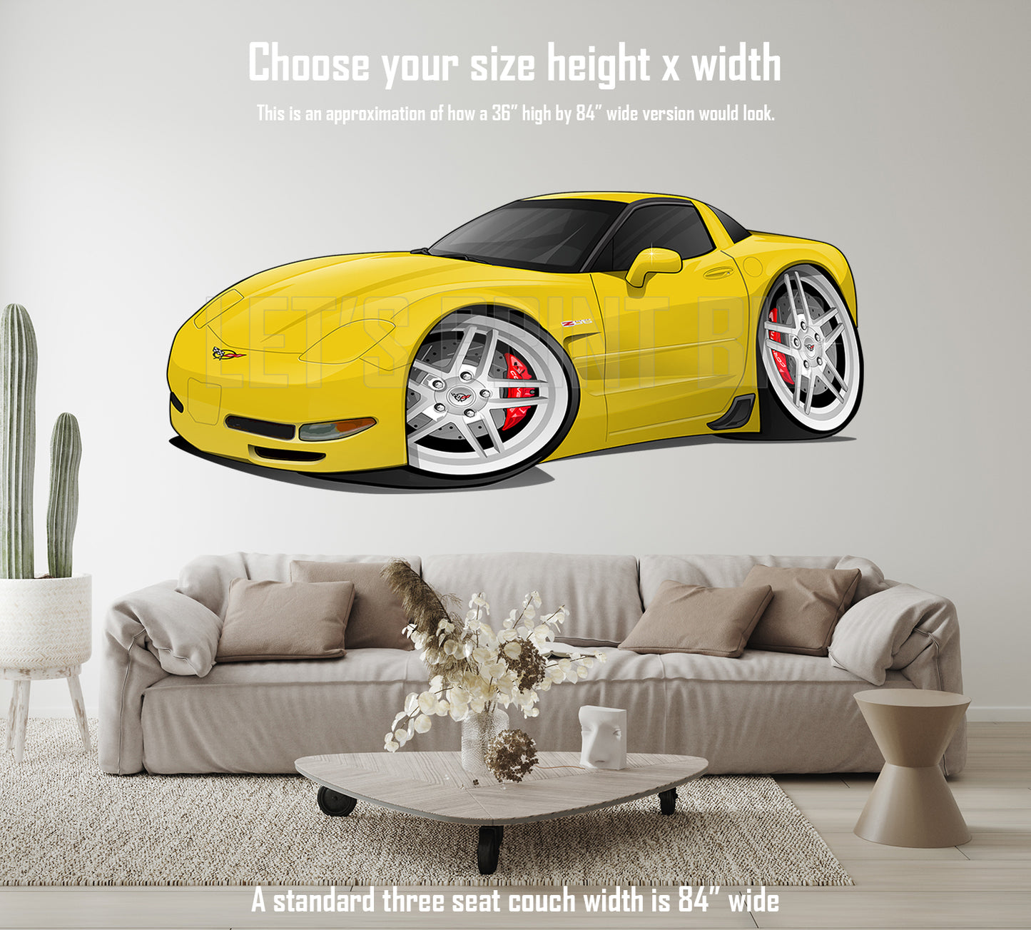 Car Art 2001 Z06 Yellow Corvette Red Break Calipers Cartoon Wall Decal