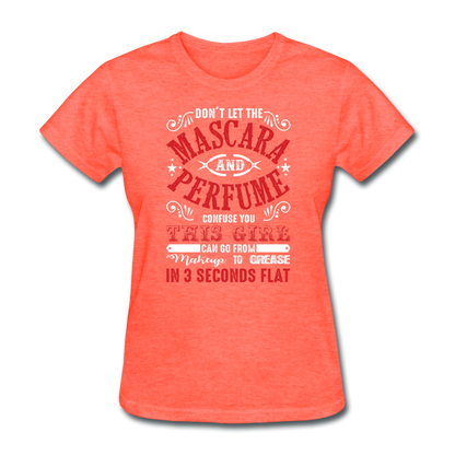 Mascara & Perfume to Grease Mechanic Women's T-Shirt - heather coral