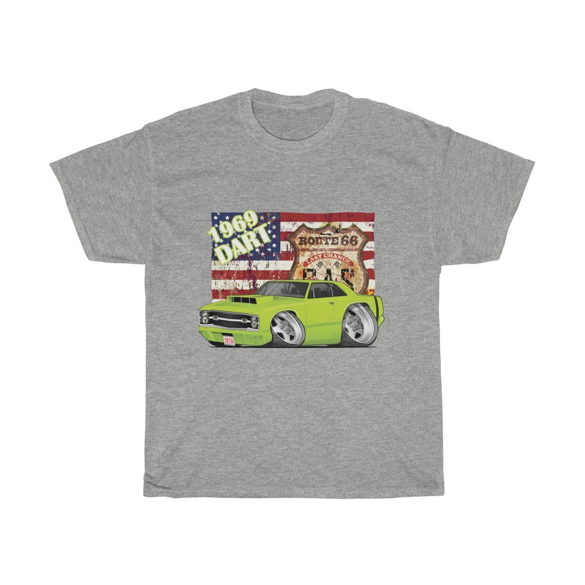 1969 Dart Car Art American Flag Route 66 Unisex Heavy Cotton Tee