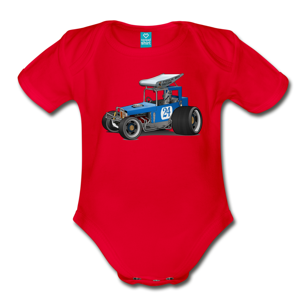 Blue Race Car Super Modified Car Art Organic Short Sleeve Baby Bodysuit - red