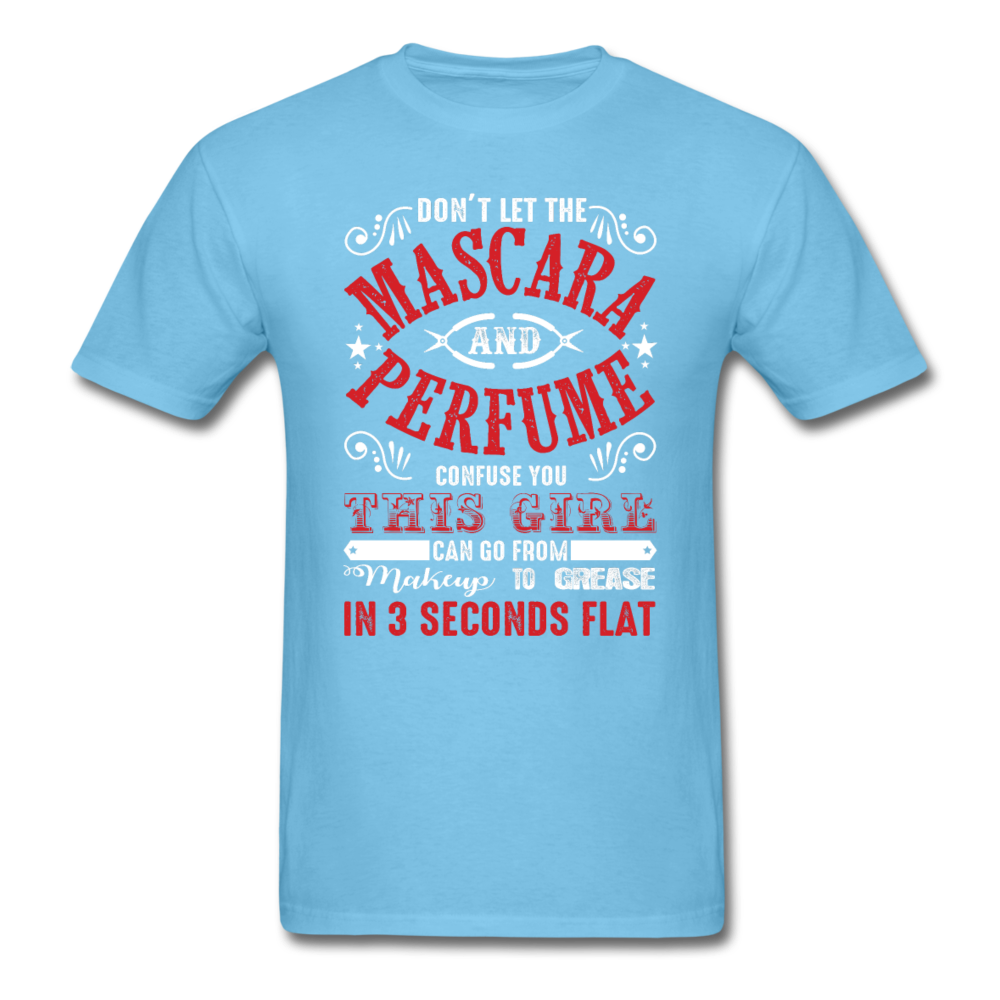 Mascara to Grease Girl Mechanic Men's T-Shirt - aquatic blue
