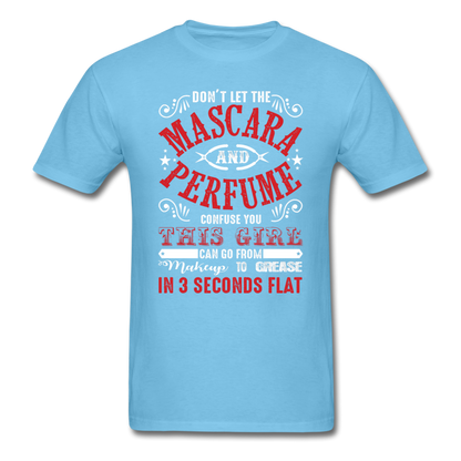 Mascara to Grease Girl Mechanic Men's T-Shirt - aquatic blue