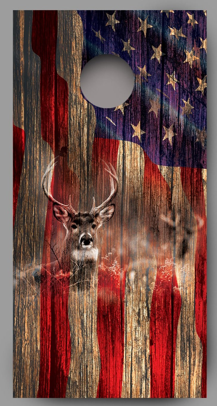 Rustic Wood Buck Deer Cornhole Wrap American Flag Decal