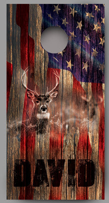 Buck Deer Wood American Flag Customized With Your Name Corn Hole Wrap