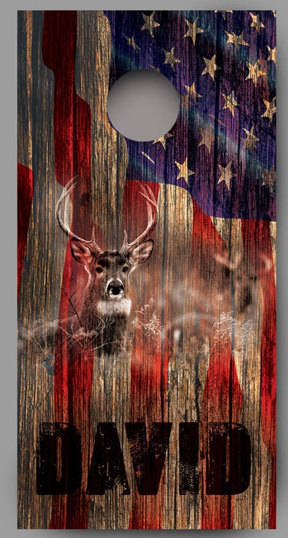 Buck Deer Wood American Flag Customized With Your Name Corn Hole Wrap