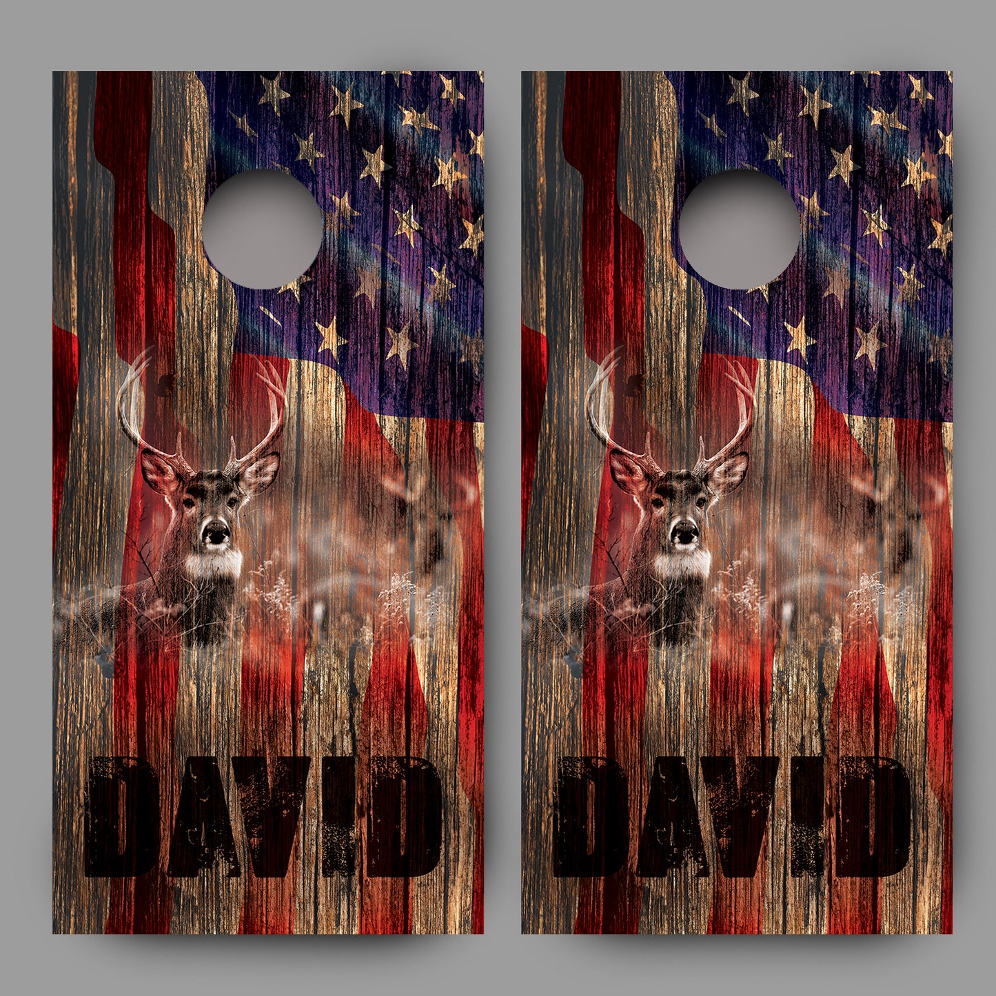 Buck Deer Wood American Flag Customized With Your Name Corn Hole Wrap
