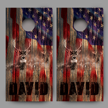 Buck Deer Wood American Flag Customized With Your Name Corn Hole Wrap