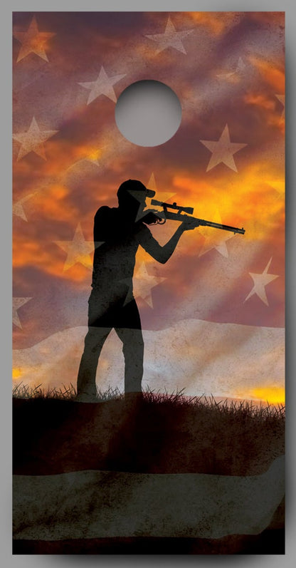 Rifle Hunter American Flag Deer Combo Corn Hole Decal Wrap