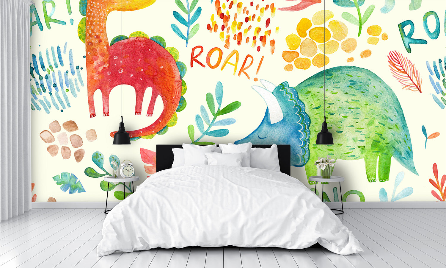 Dinosaurs and Floral Elements Wall Mural