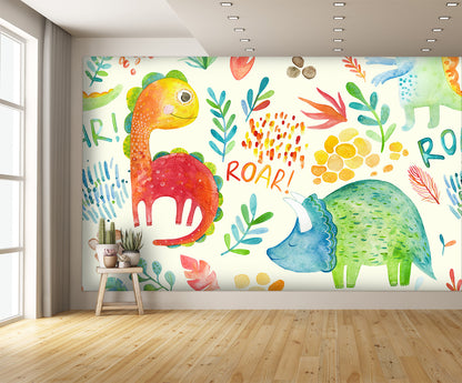 Dinosaurs and Floral Elements Wall Mural