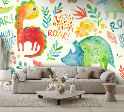 Dinosaurs and Floral Elements Wall Mural
