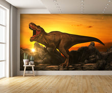 Dinosaurs on Rock Mountain at Sunset Wall Mural