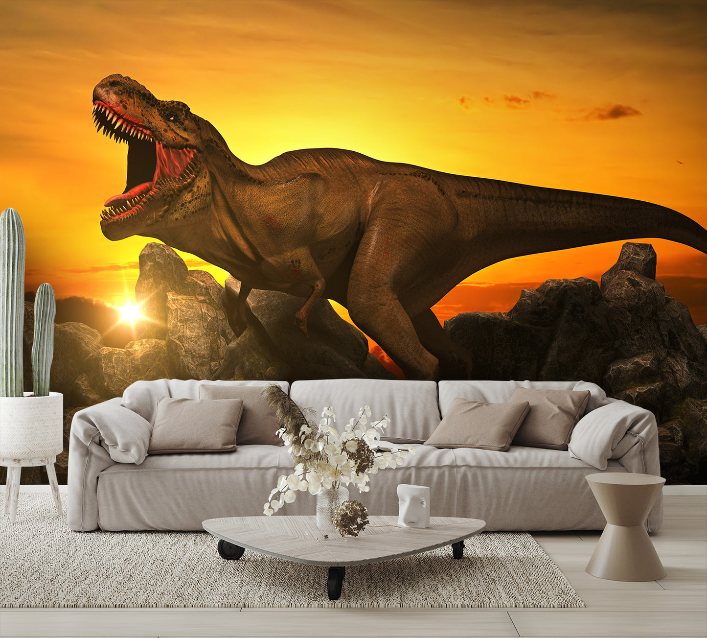 Dinosaurs on Rock Mountain at Sunset Wall Mural