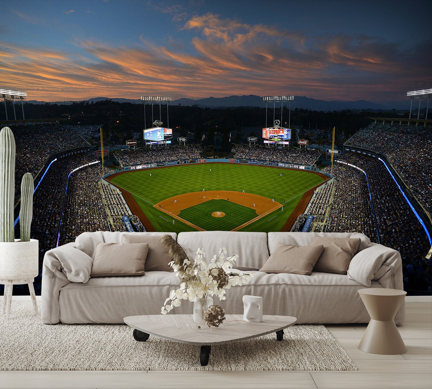 Dodger Stadium Wallpaper Night Baseball Diamond Field Mural living room couch