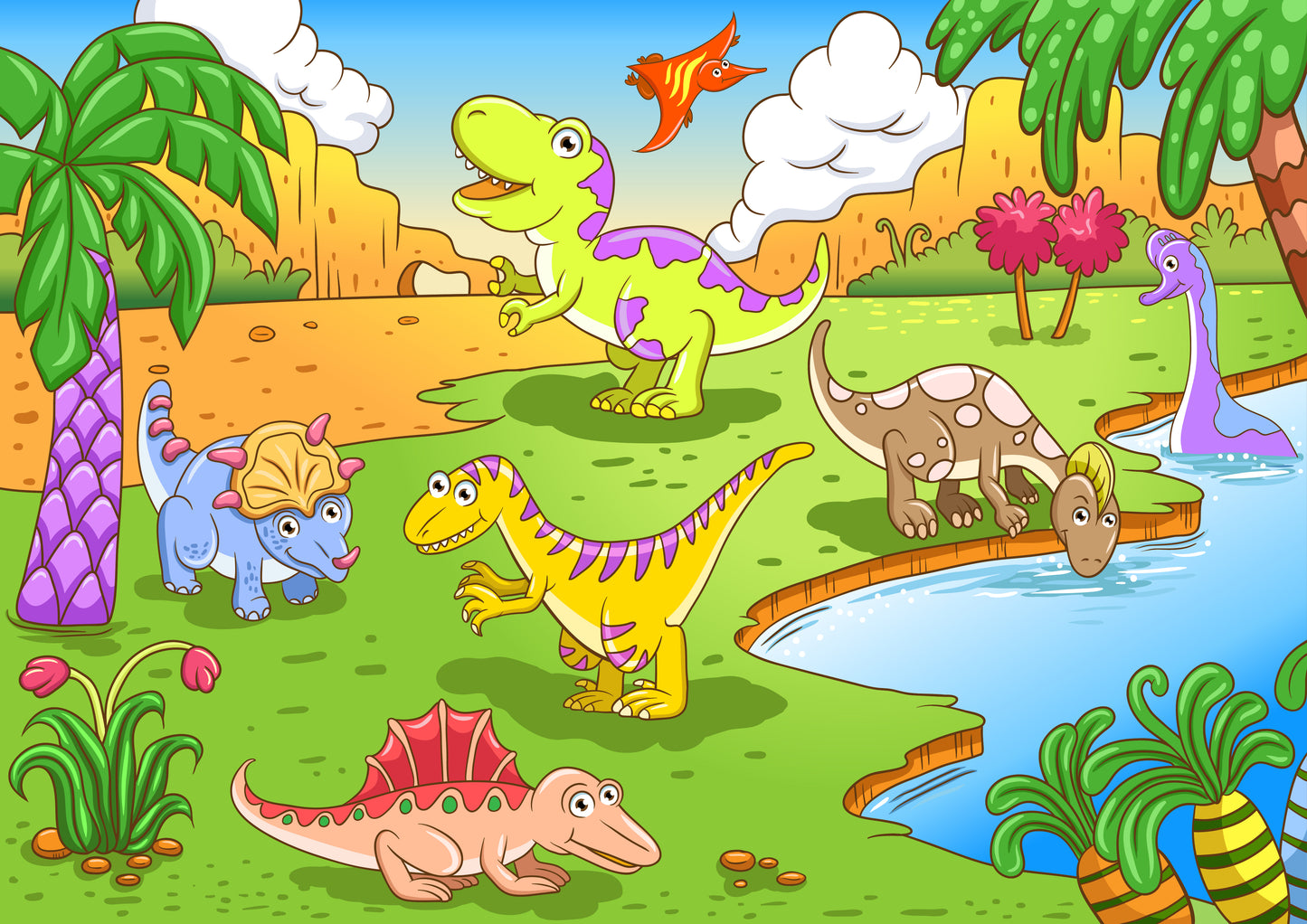 Cute Dinosaurs in Prehistoric Scene Wall Mural