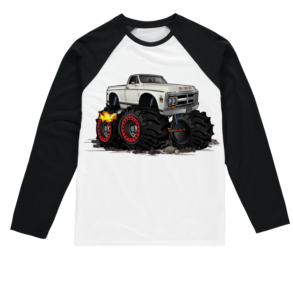 1972 GMC 4x4 Pickup Monster Truck with Rocks Car Art Sublimation Baseball Long Sleeve T-Shirt