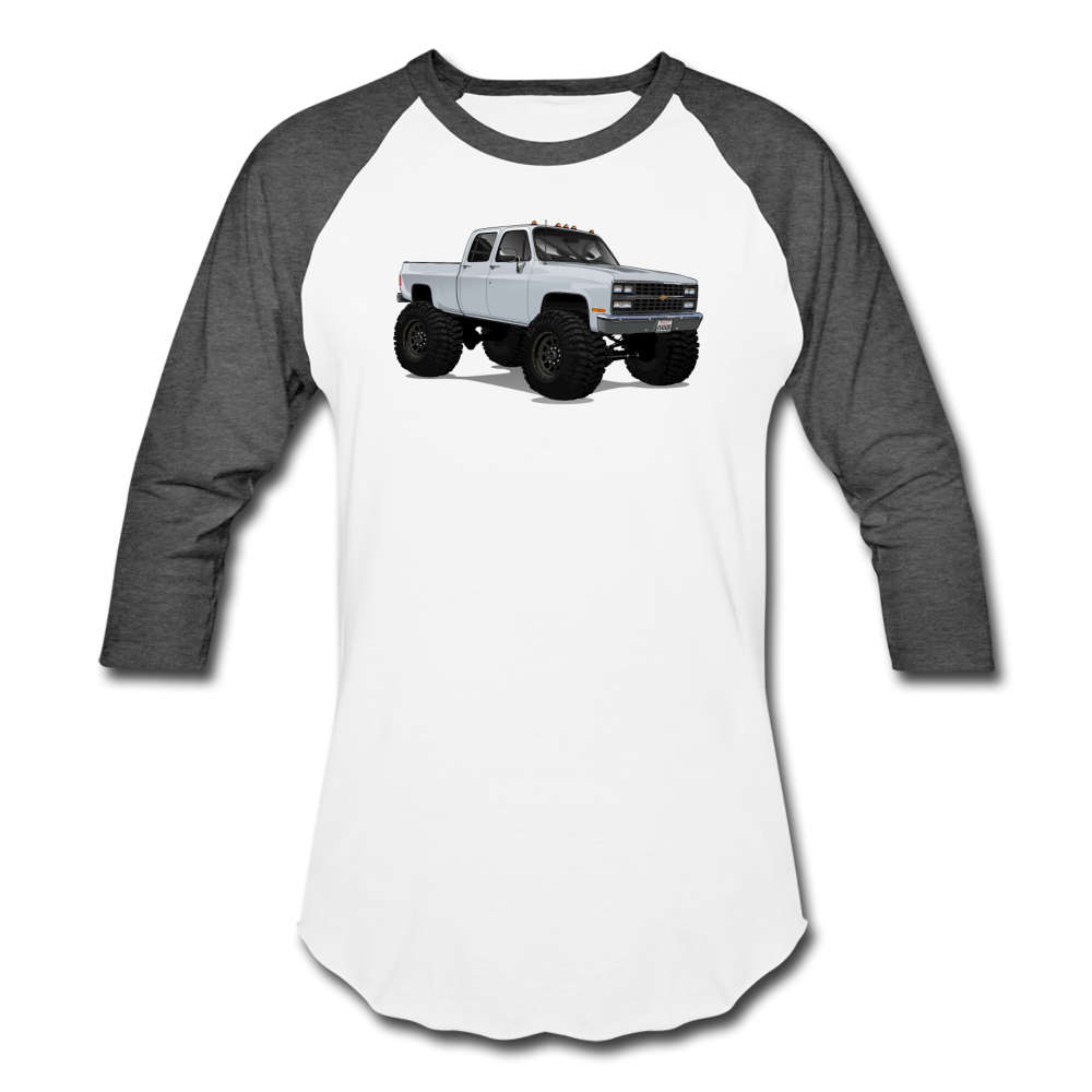 White Chevrolet 4x4 Crew Cab Pickup Truck Baseball T-Shirt - white/charcoal