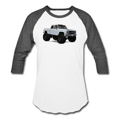 White Chevrolet 4x4 Crew Cab Pickup Truck Baseball T-Shirt - white/charcoal