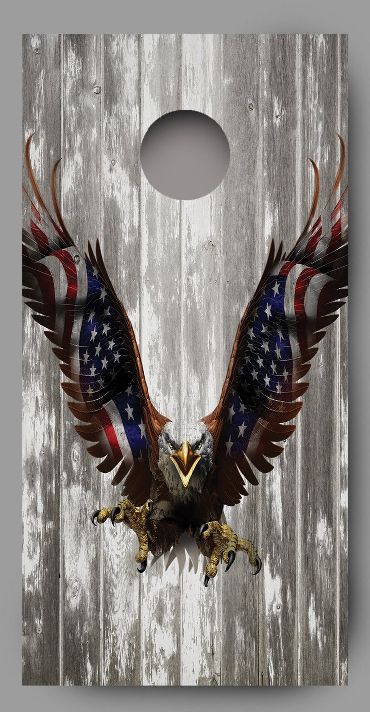 Bald Eagle American Flag on Wood Grain Cornhole Decal Wraps