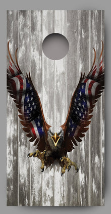 Bald Eagle American Flag on Wood Grain Cornhole Decal Wraps
