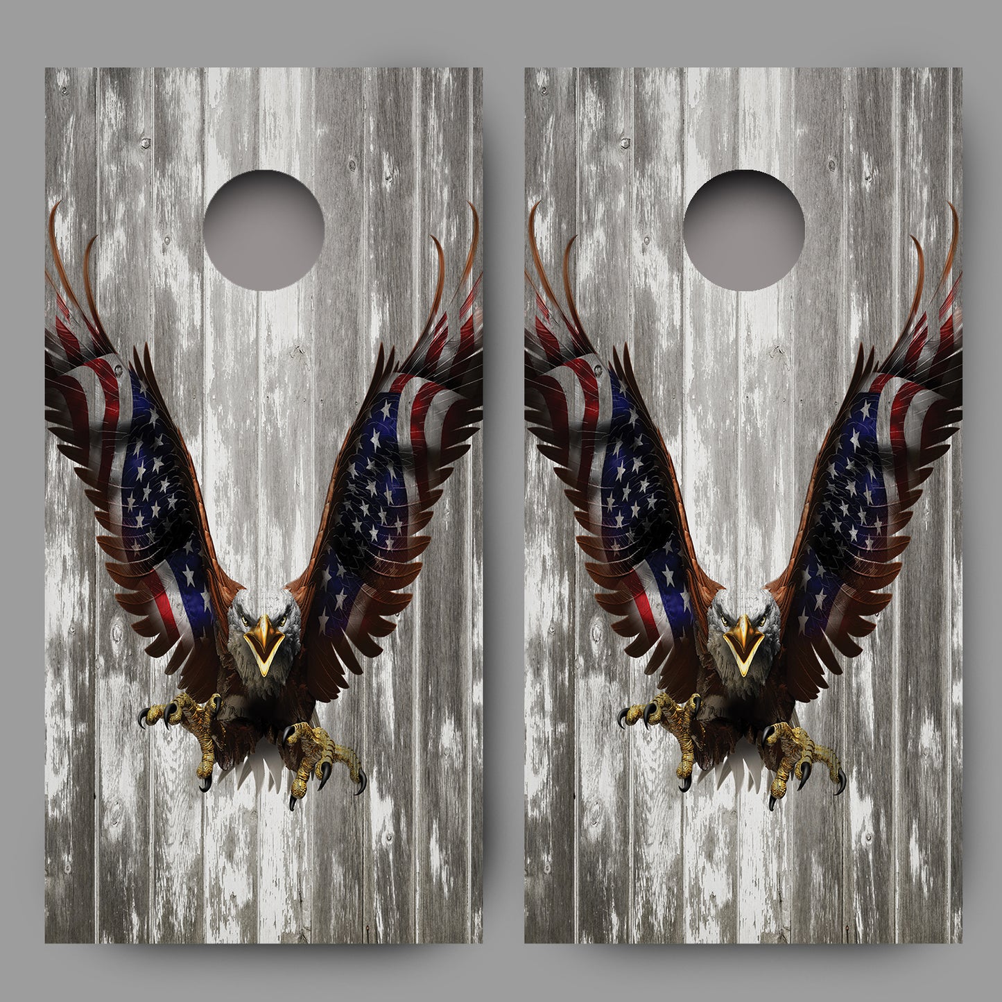 Bald Eagle American Flag on Wood Grain Cornhole Decal Wraps
