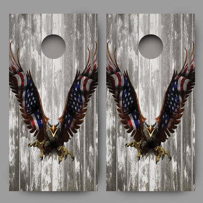 Bald Eagle American Flag on Wood Grain Cornhole Decal Wraps