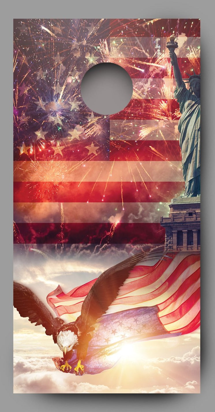 Patriotic Bald Eagle Flying with American Flag Cornhole Decal Wraps