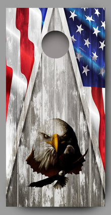Bald Eagle Combo on Wood Grain with American Flag Cornhole Decal Wraps