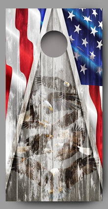 Distressed Bald Eagles on Wood Grain with American Flag Cornhole Decal Wraps