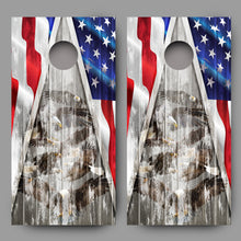 Distressed Bald Eagles on Wood Grain with American Flag Cornhole Decal Wraps