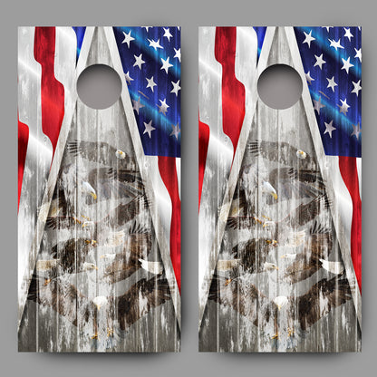 Distressed Bald Eagles on Wood Grain with American Flag Cornhole Decal Wraps