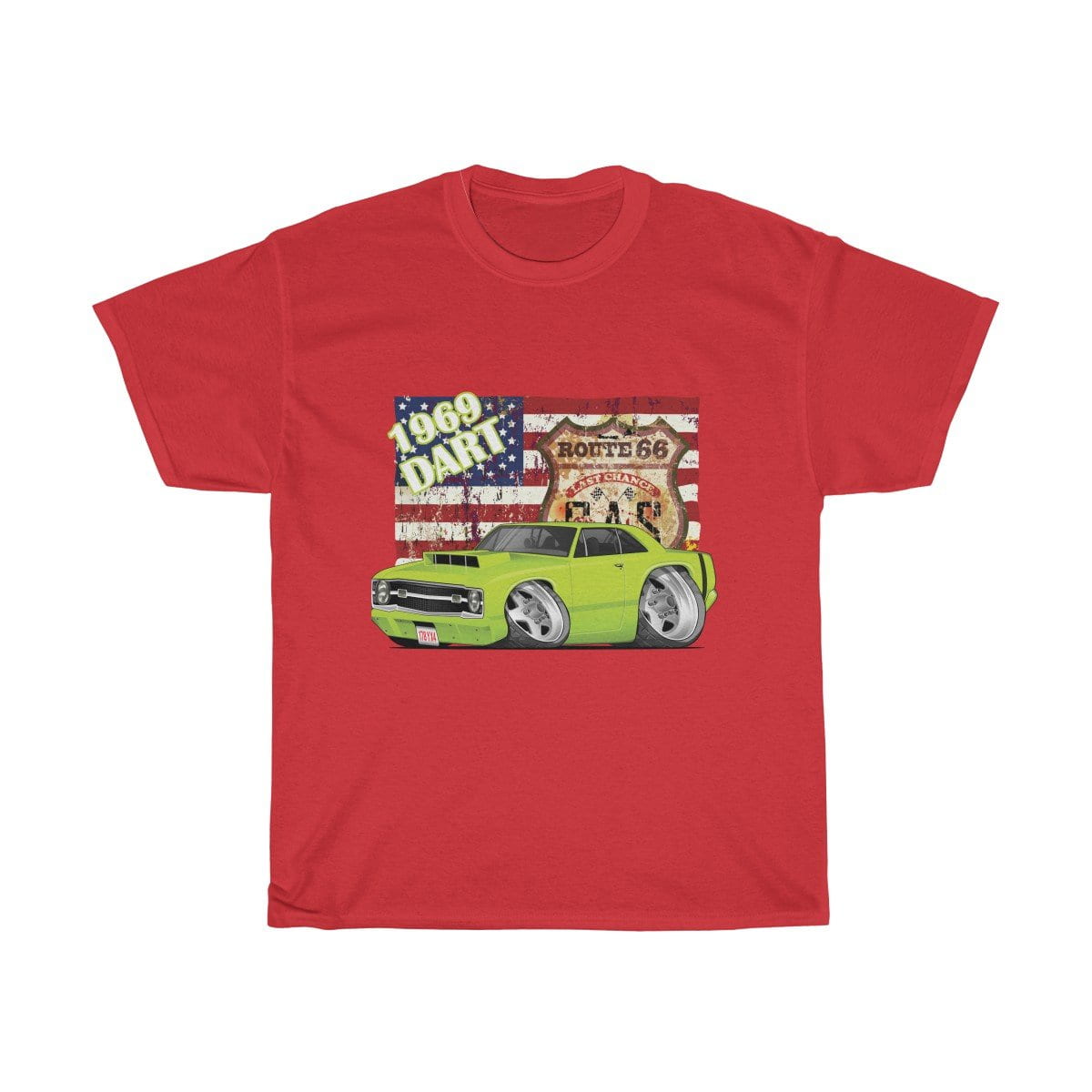 1969 Dart Car Art American Flag Route 66 Unisex Heavy Cotton Tee
