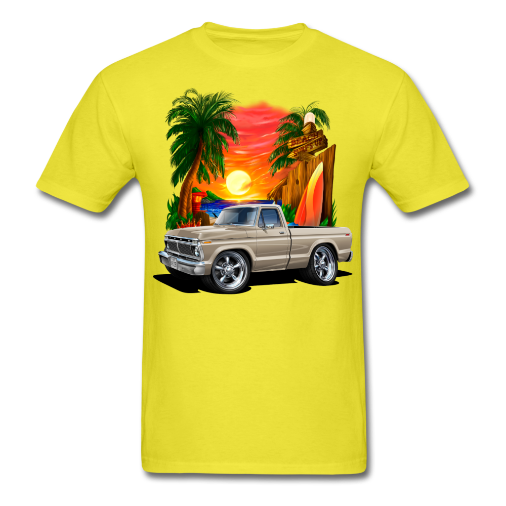 1974 Ford F100 Pickup Truck Beach Car Art Men's T-Shirt - yellow