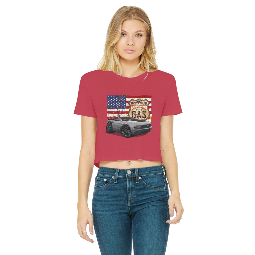 Convertible Mustang Route 66 Classic Women's Cropped Raw Edge T-Shirt
