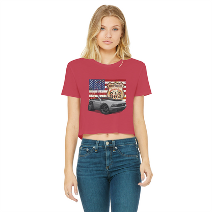 Convertible Mustang Route 66 Classic Women's Cropped Raw Edge T-Shirt