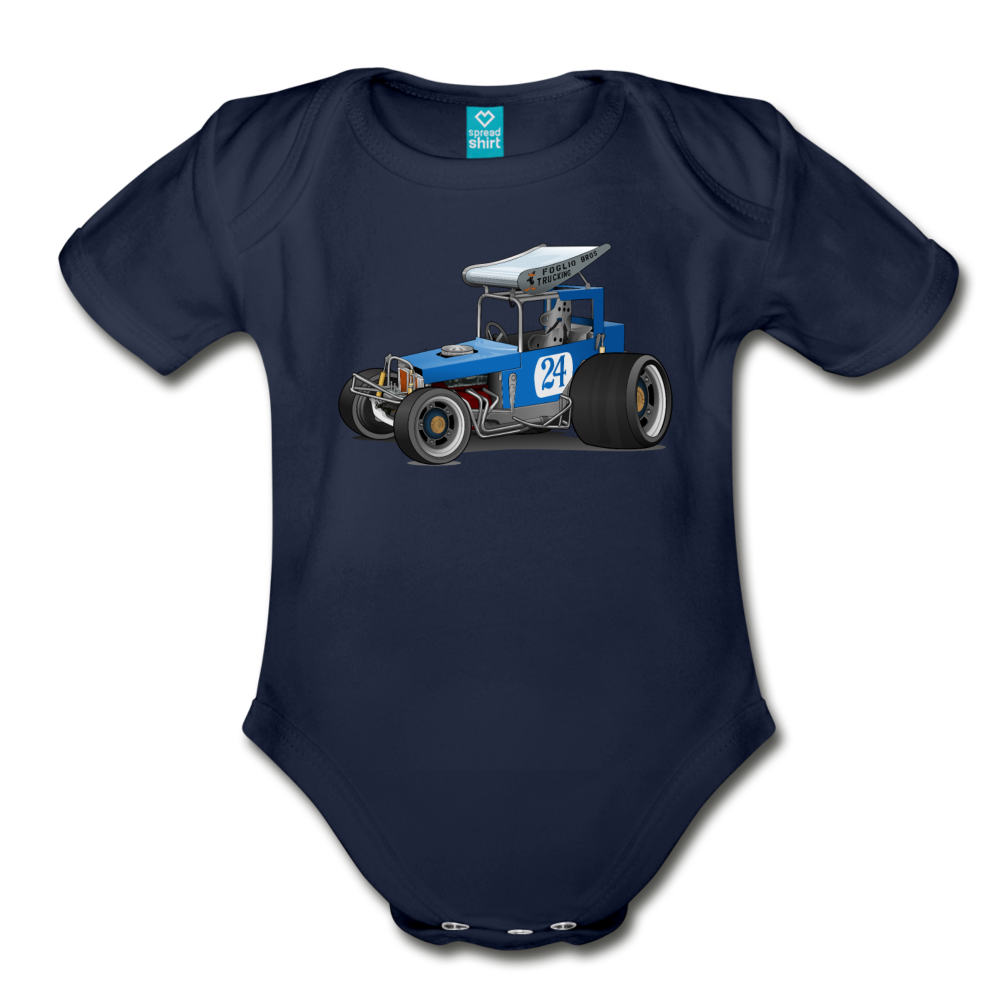 Blue Race Car Super Modified Car Art Organic Short Sleeve Baby Bodysuit - dark navy