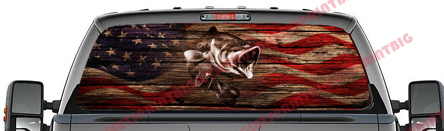 Fish with Wood Textured American Flag Rear Window Decal Graphic for Trucks