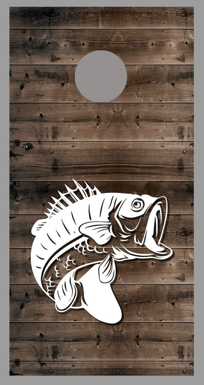 Fish Silhouette on Rustic Wood Corn Hole Board Decal Wrap