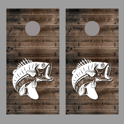 Fish Silhouette on Rustic Wood Corn Hole Board Decal Wrap