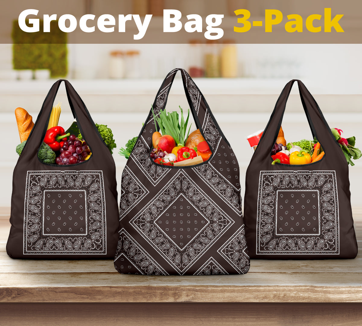 Coffee Brown Bandana Grocery Bag 3-Pack