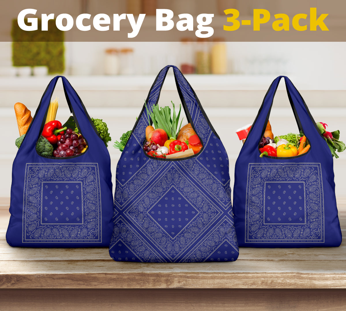 Blue and Gray Bandana Grocery Bag 3-Pack