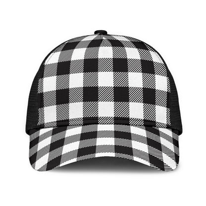 Black and White Buffalo Plaid Print Mesh Back Cap