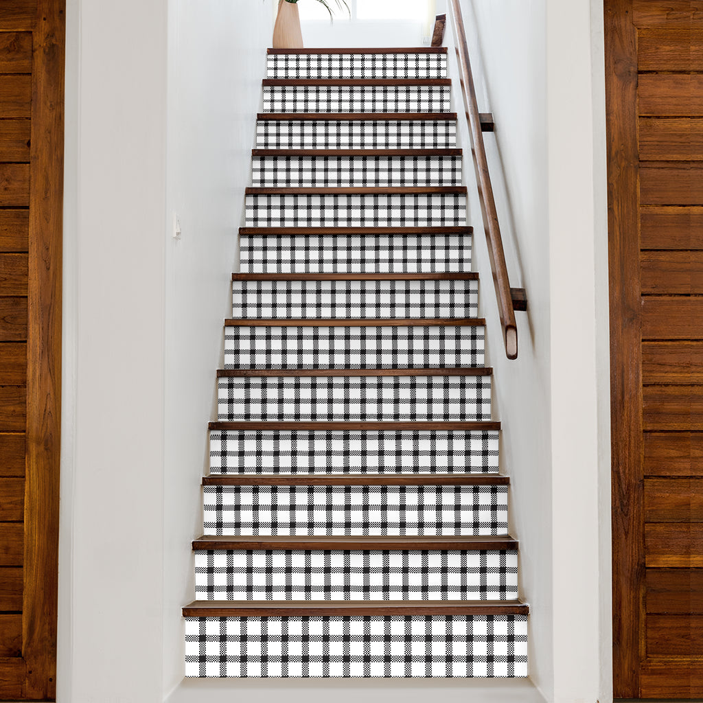 Black and White Buffalo Plaid Print Stair Stickers (Set of 13)