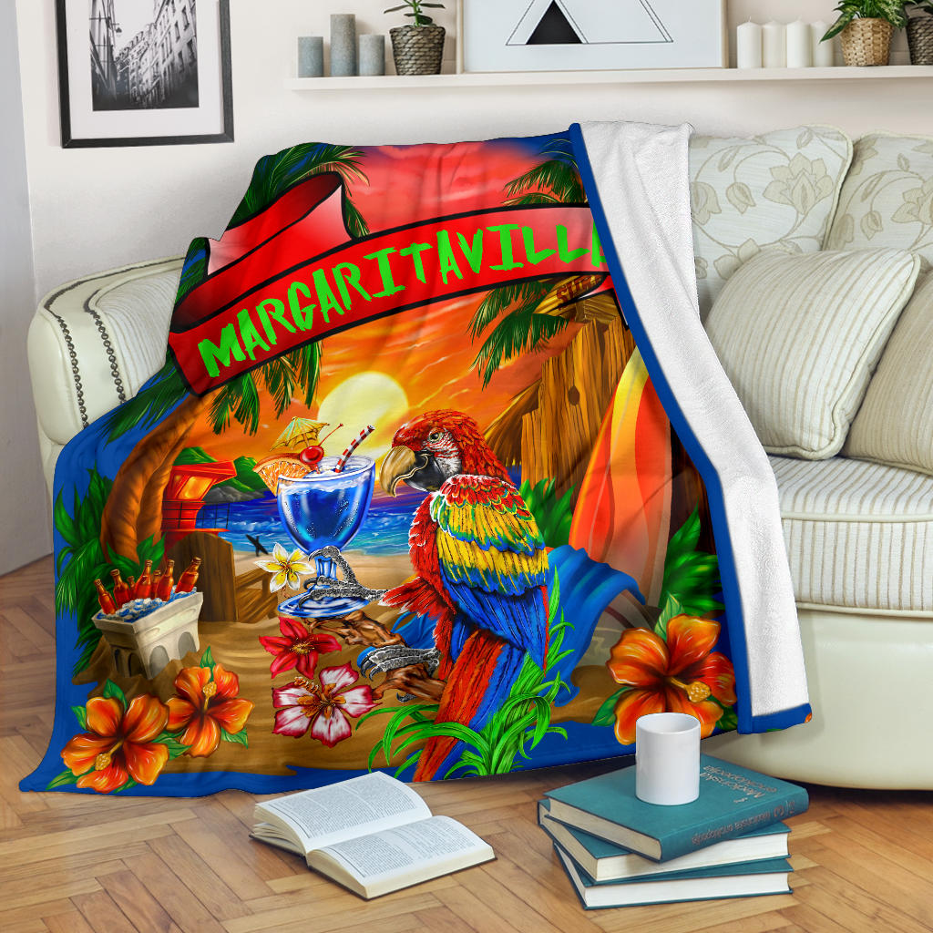 Margaritaville Royal Blue Parrot Beach Sunset Premium Blanket