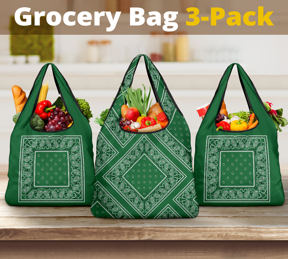 Classic Green Bandana Grocery Bag 3-Pack