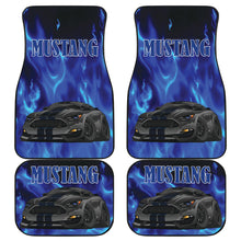Black Mustang Blue Flames Front and Rear Car Floor Mats Set of 4 Pcs