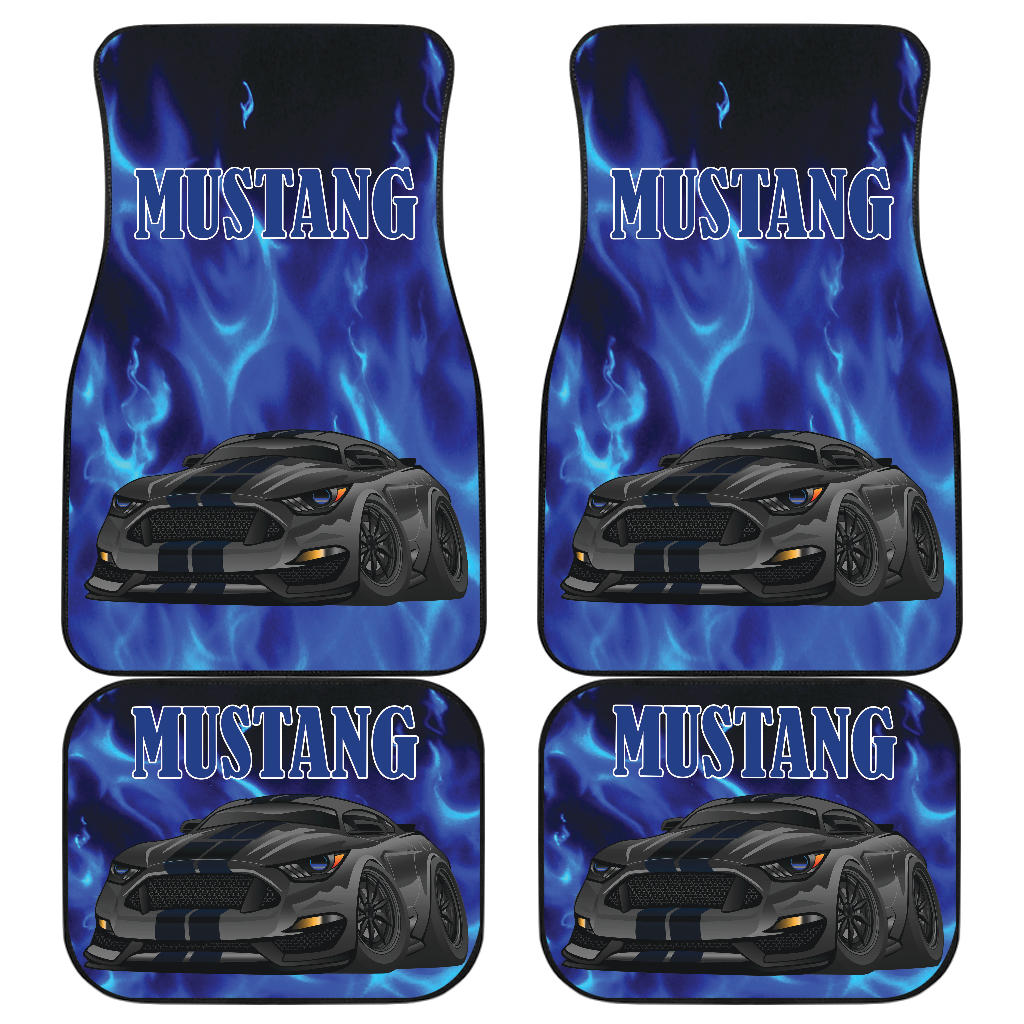 Black Mustang Blue Flames Front and Rear Car Floor Mats Set of 4 Pcs