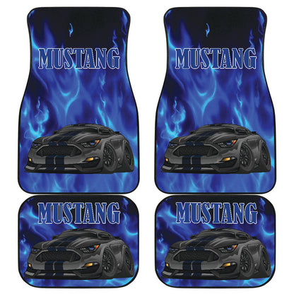 Black Mustang Blue Flames Front and Rear Car Floor Mats Set of 4 Pcs