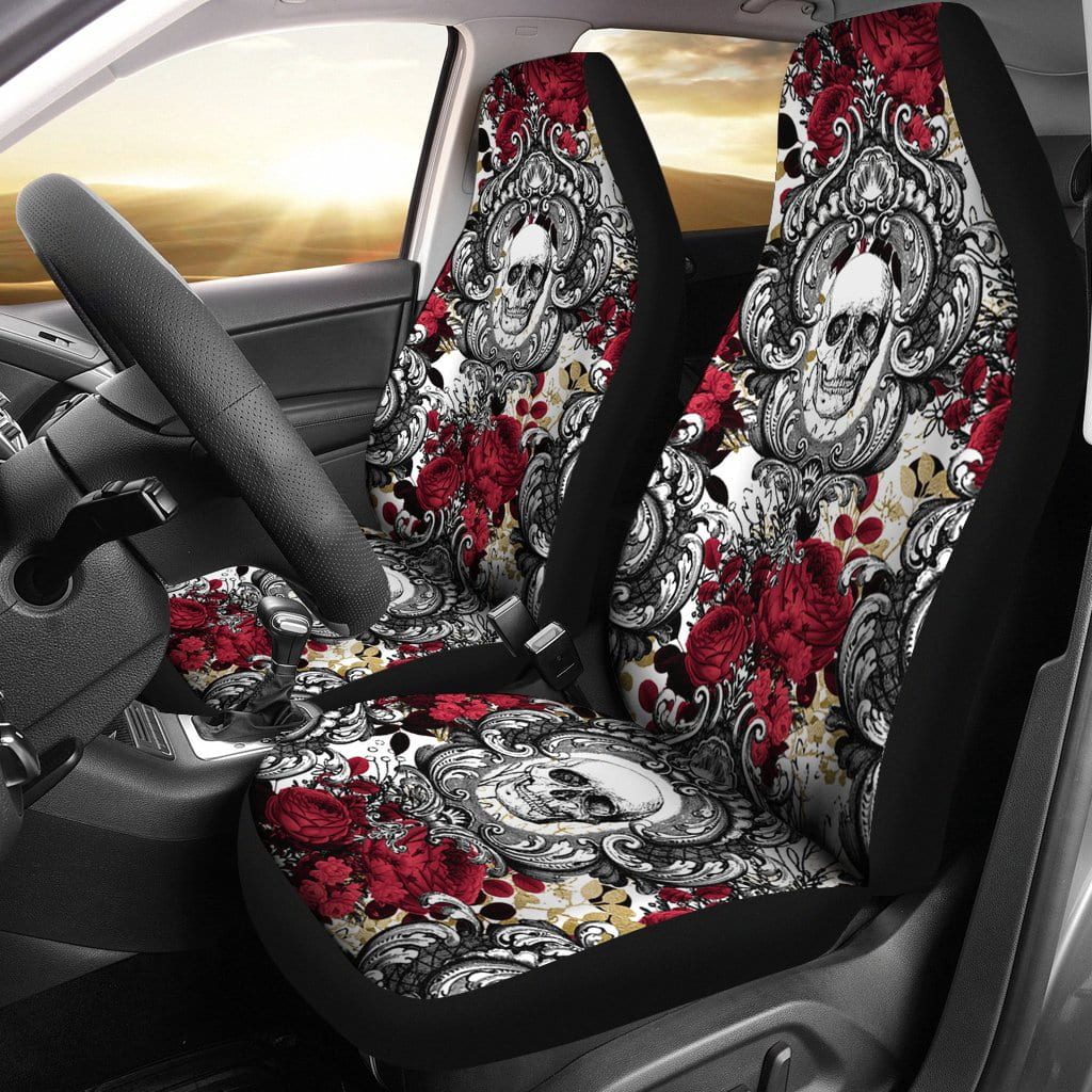 Gothic Skull and Red Roses Universal Bucket Car Seat Covers